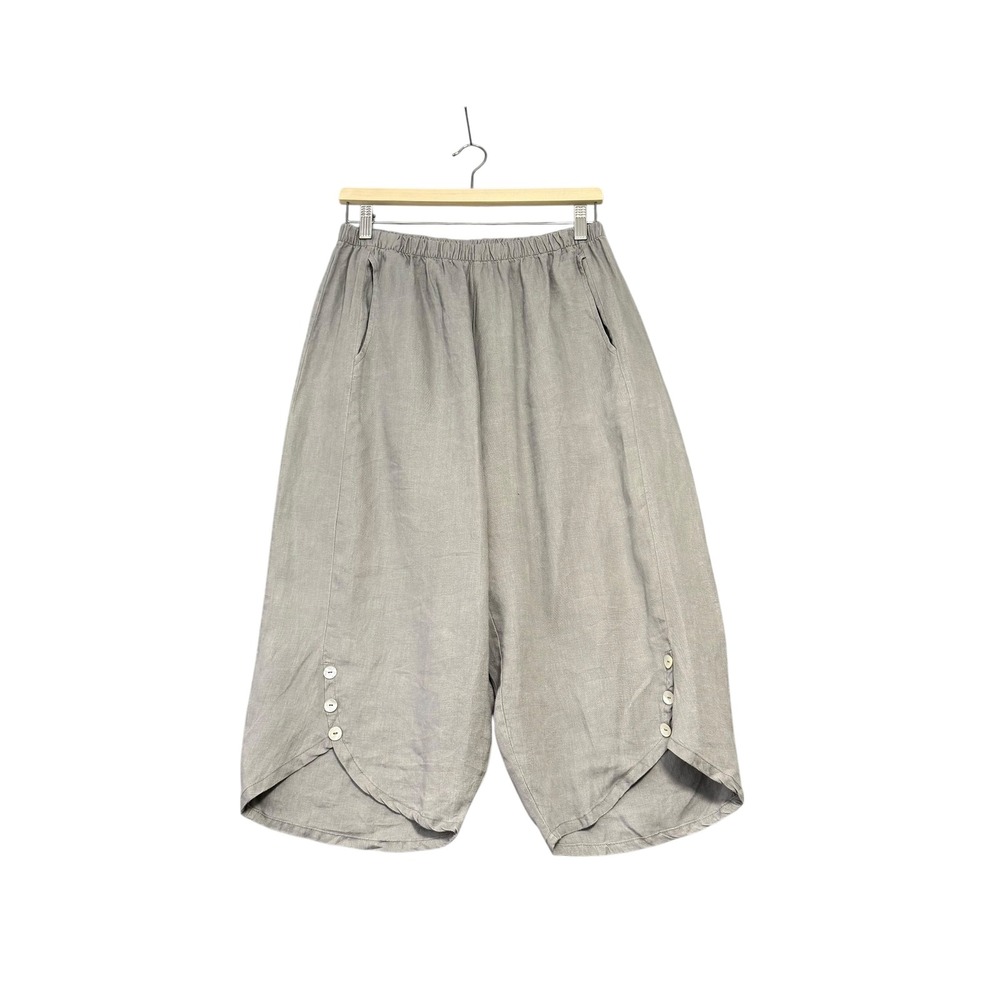 Chalet et Ceci | Grey 100% Linen Wide Barrel Leg Crop Pants Tulip Hem Size S